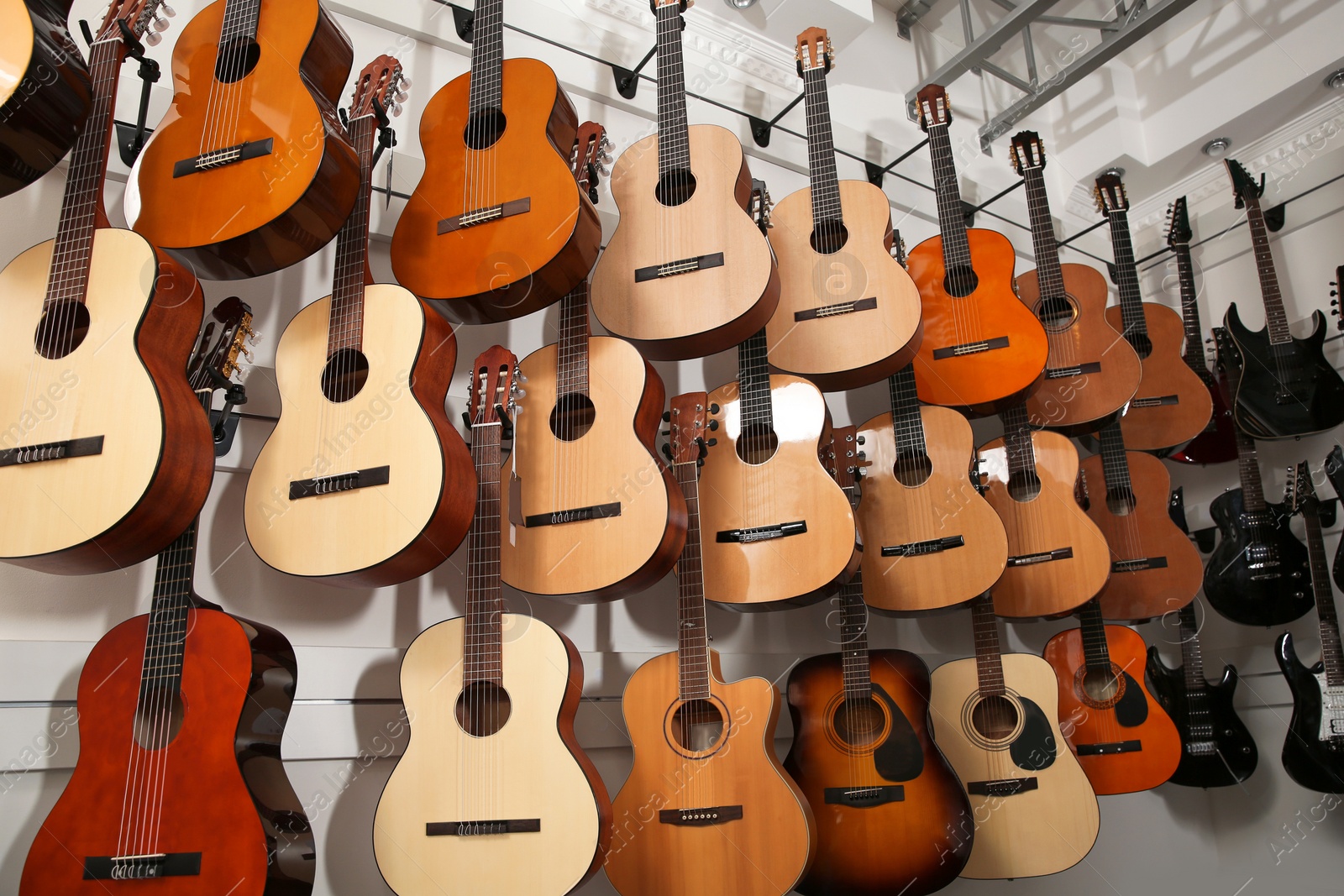Photo of Rows of different guitars in music store, low angle view