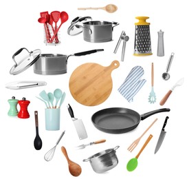 Image of Set of different kitchenware on white background