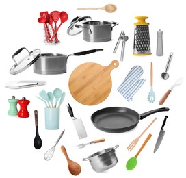 Set of different kitchenware on white background