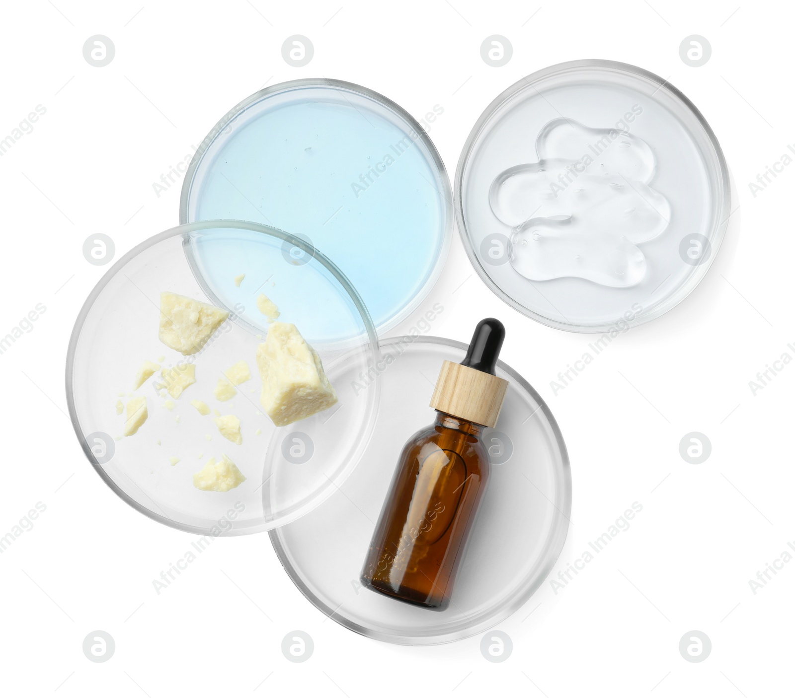 Photo of Many Petri dishes and cosmetic products on white background, top view