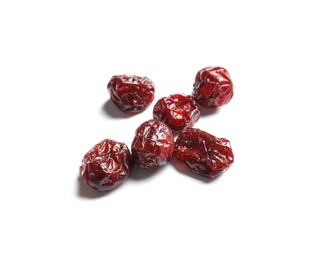 Photo of Cranberries on white background, top view. Dried fruit as healthy snack
