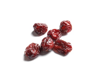 Cranberries on white background, top view. Dried fruit as healthy snack