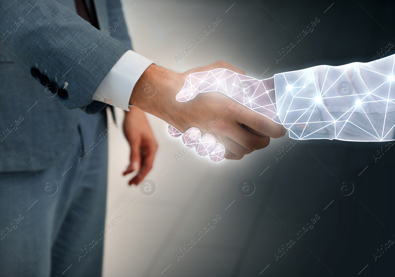 Image of Businessman shaking hands with virtual partner, closeup. Illustration of digital hand