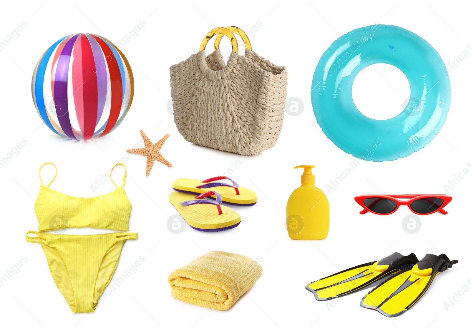 Image of Set with different beach accessories on white background 