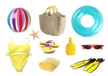 Image of Set with different beach accessories on white background 