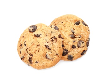 Photo of Tasty chocolate chip cookies on white background, top view