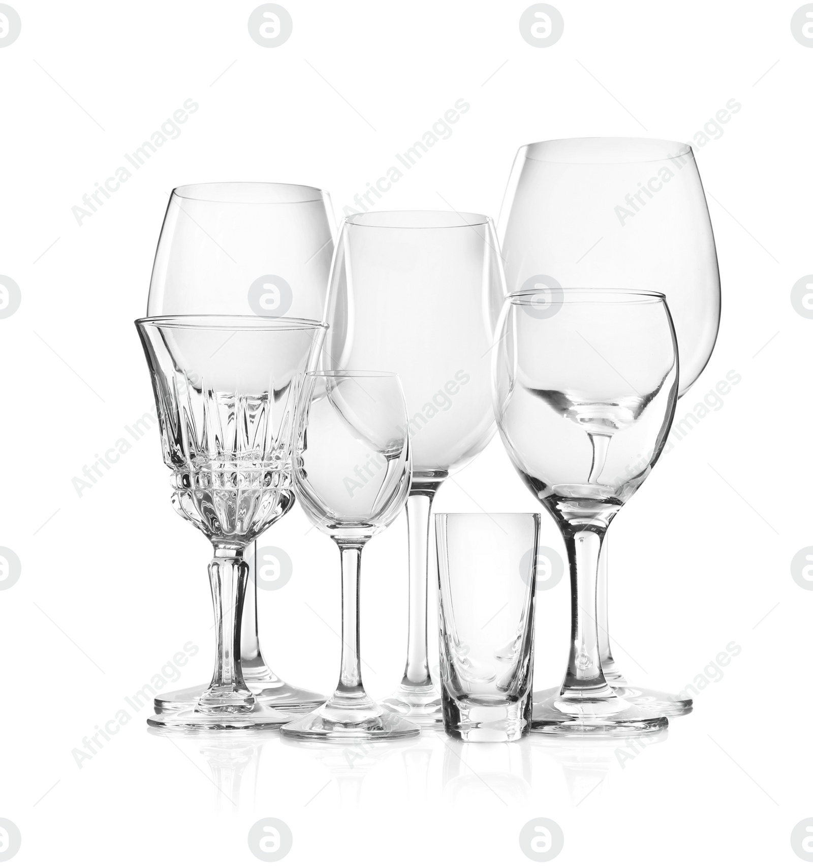 Photo of Set of new bar glassware on white background