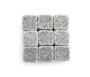 Whiskey stones on white background, top view