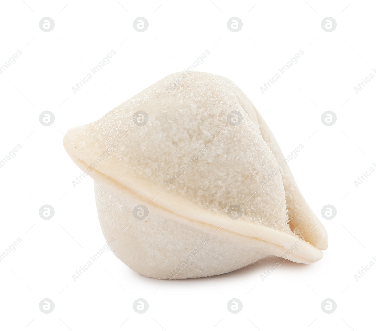 Photo of Raw dumpling with tasty filling on white background