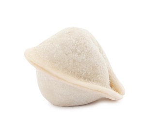 Raw dumpling with tasty filling on white background