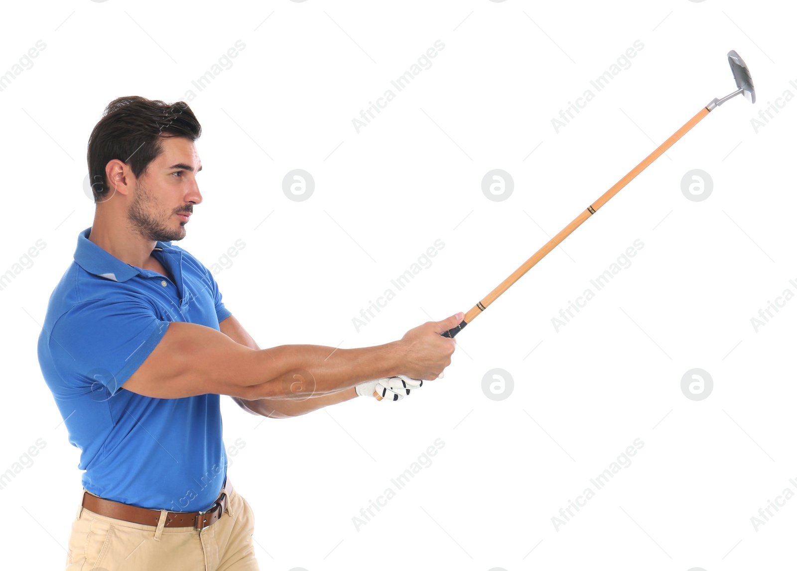 Photo of Young man playing golf on white background