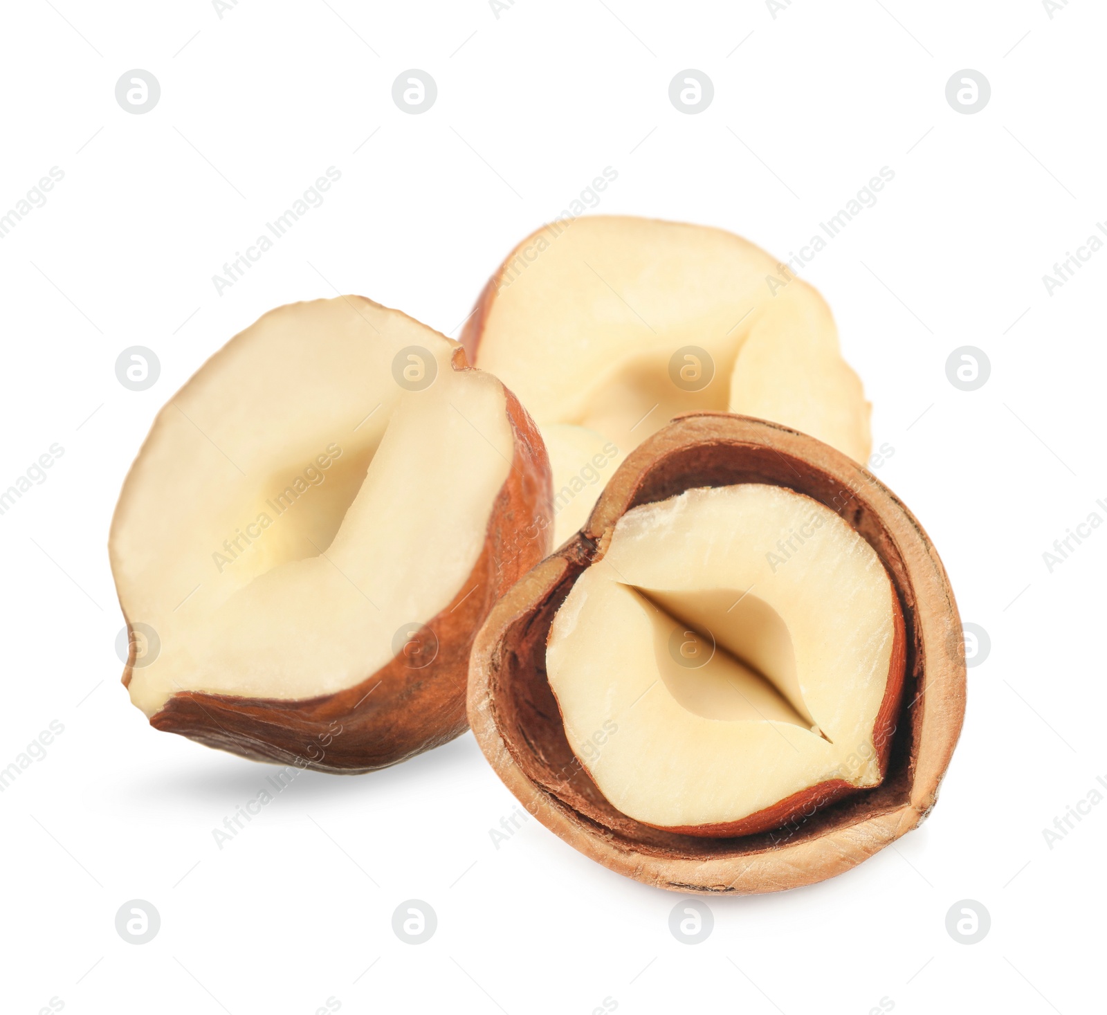 Image of Tasty organic hazelnuts on white background. Healthy snack