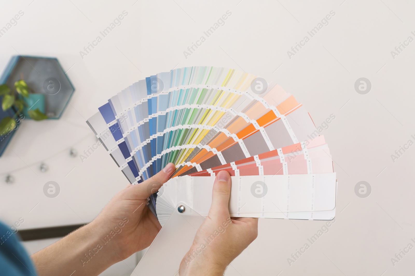 Photo of Man with palette choosing color for painting wall indoors, closeup. Interior design