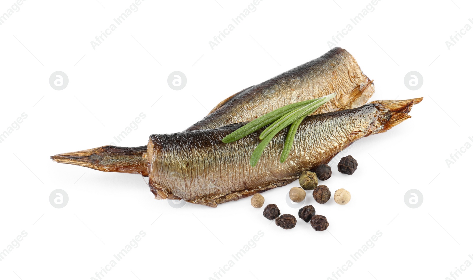 Photo of Tasty canned sprats, rosemary and peppercorns isolated on white