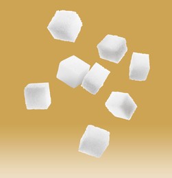 Refined sugar cubes in air on color gradient background