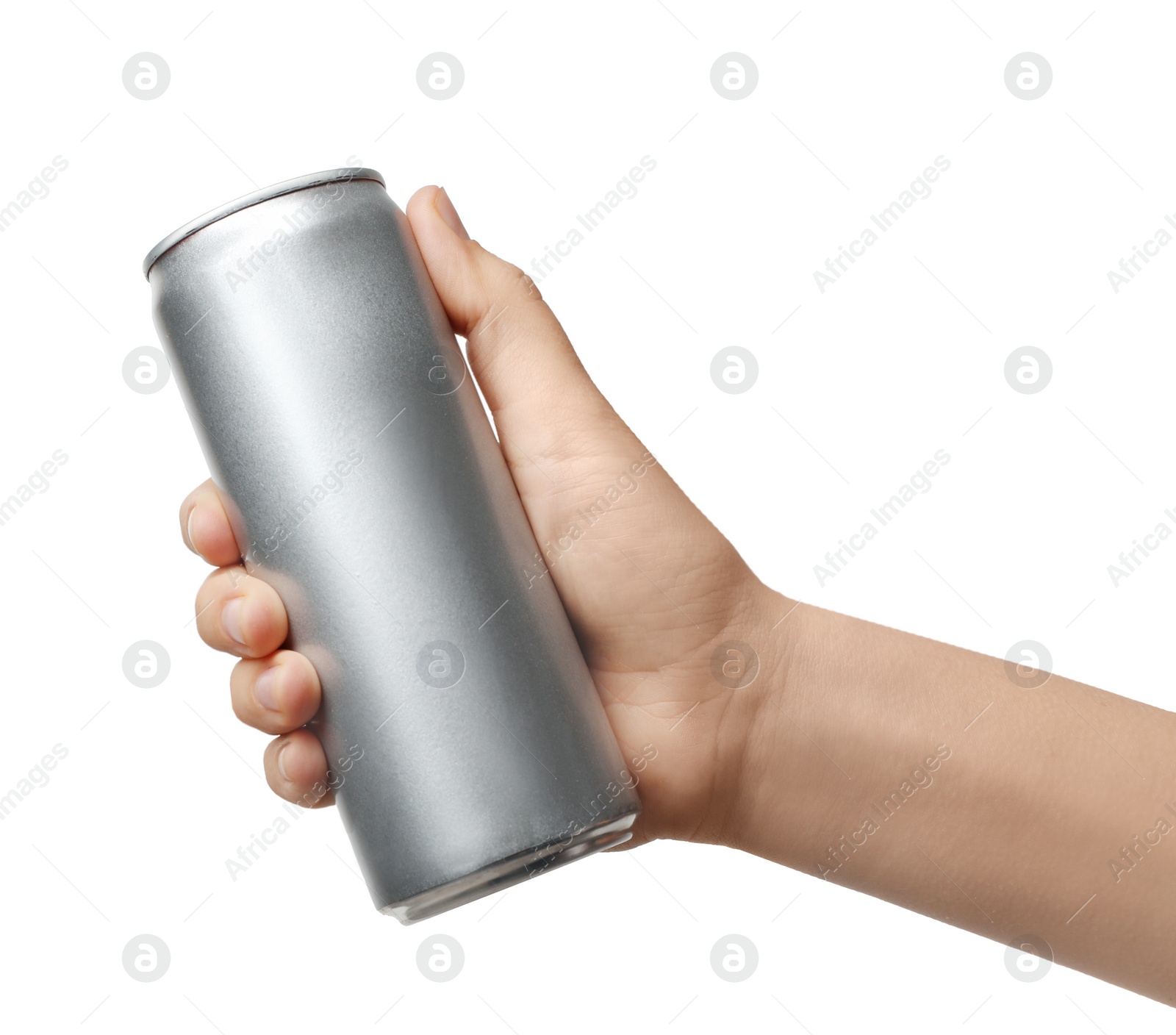 Photo of Woman holding aluminum can with beverage on white background, closeup. Mockup for design