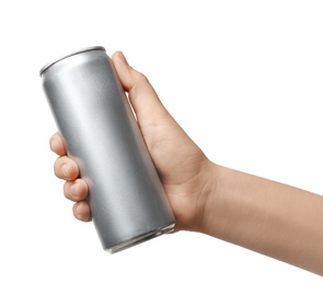 Woman holding aluminum can with beverage on white background, closeup. Mockup for design