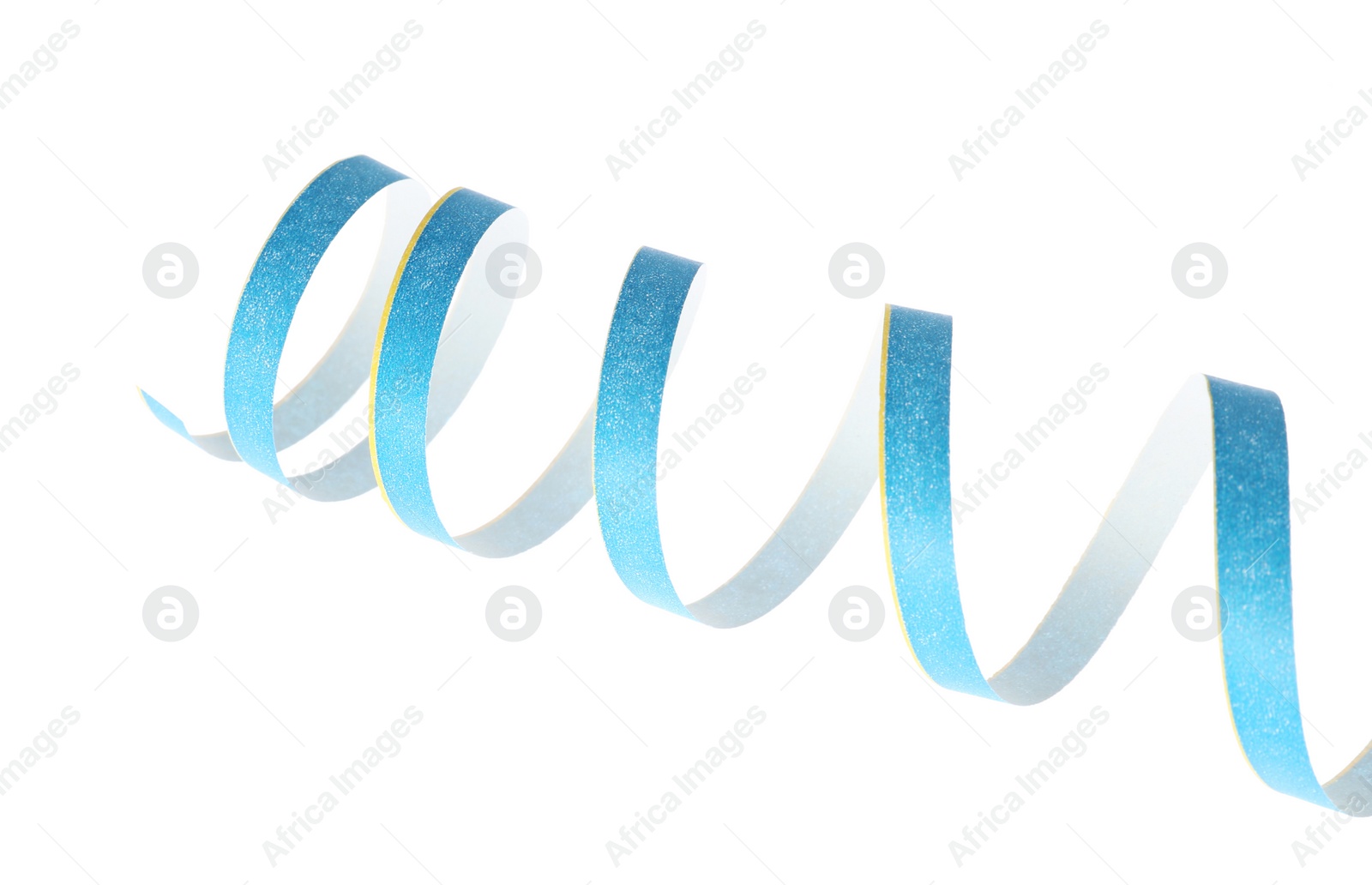 Photo of Blue serpentine streamer on white background. Festive decor