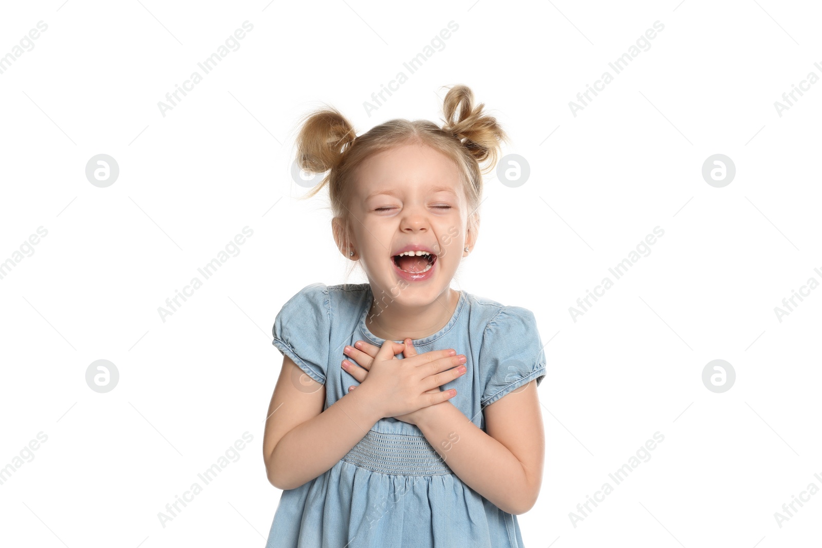 Photo of Portrait of cute little girl on white background