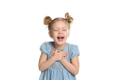 Photo of Portrait of cute little girl on white background