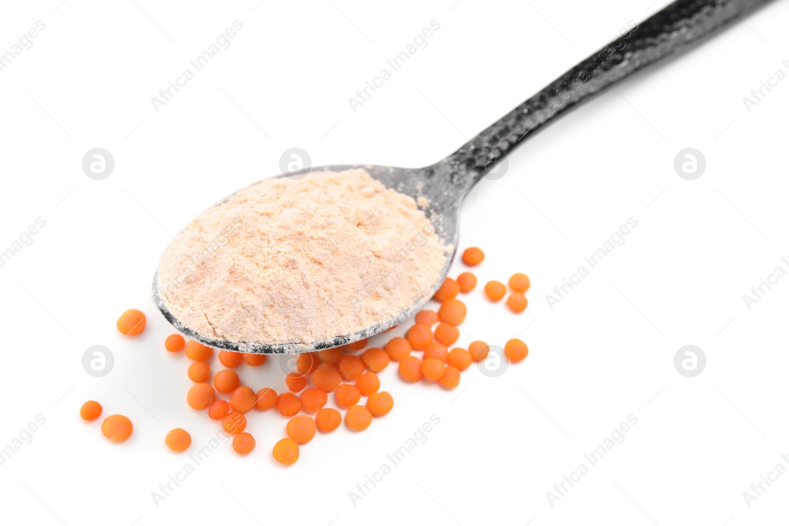 Photo of Spoon of lentil flour and grains on white background