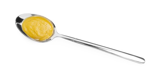 Tasty mustard sauce in spoon isolated on white, top view