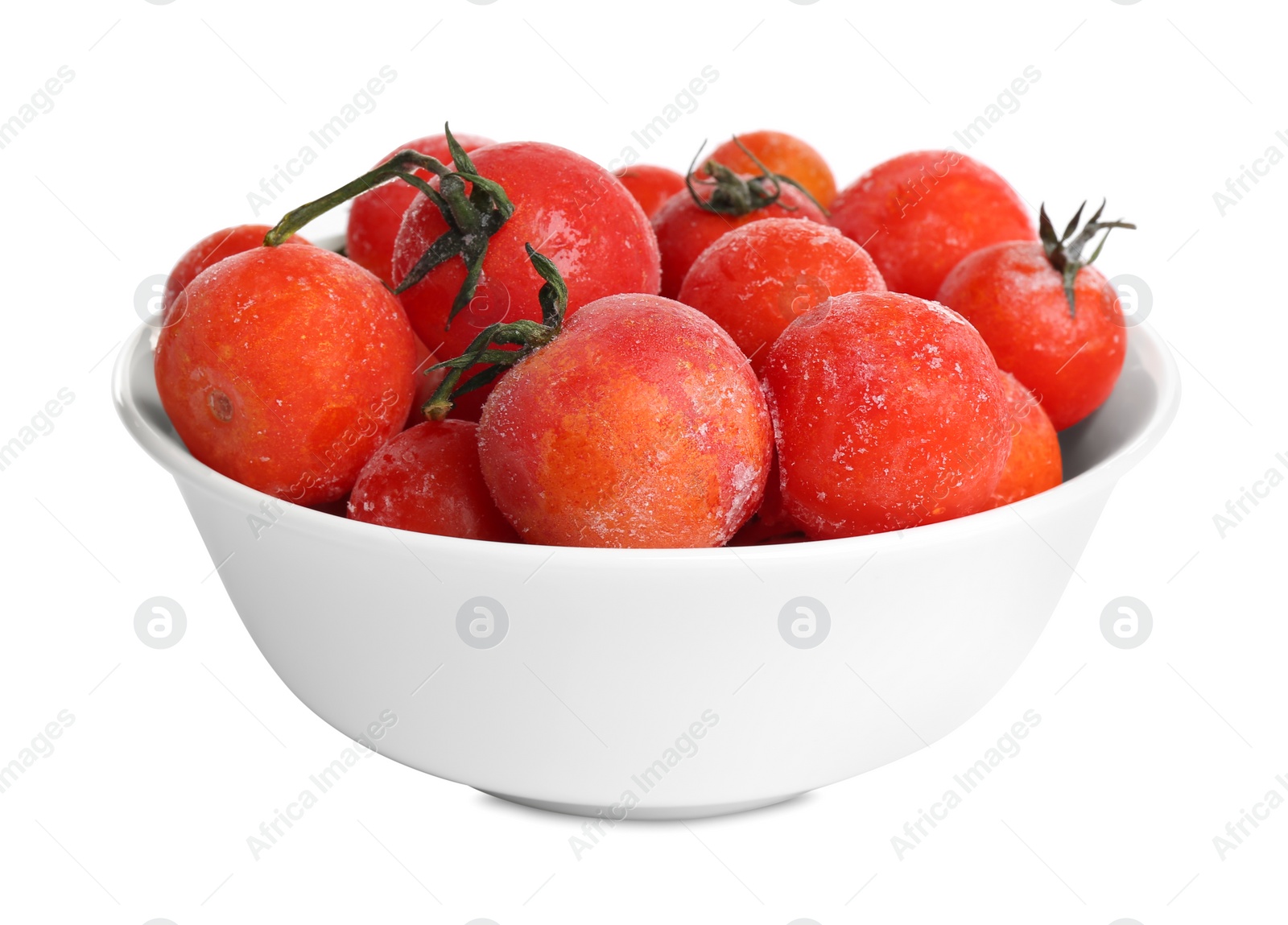 Photo of Frozen tomatoes in bowl isolated on white. Vegetable preservation