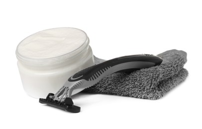 Photo of Different men`s shaving accessories on white background