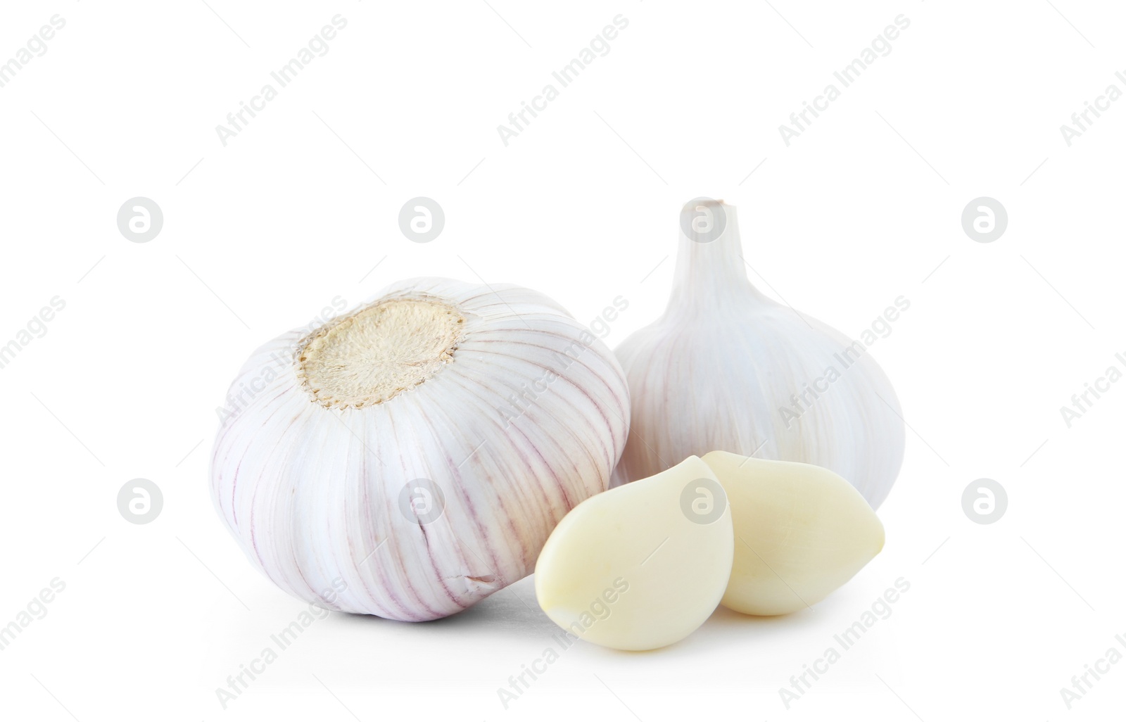 Photo of Fresh garlic bulbs and cloves on white background