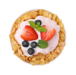 Photo of Delicious crispy cornflakes, yogurt and fresh berries in bowl isolated on white, top view. Healthy breakfast
