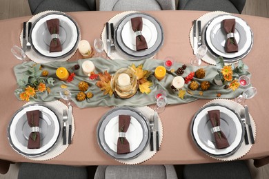 Photo of Table set with beautiful autumn decor for festive dinner, flat lay