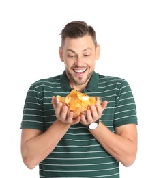 Photo of Man with bowl of potato chips on white background