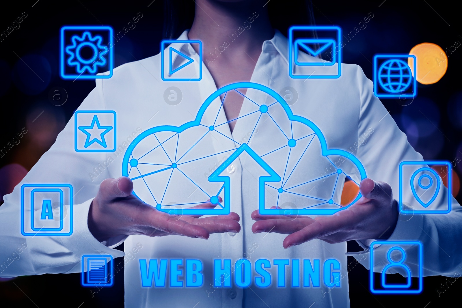 Image of Web hosting. Woman surrounded by icons holding digital cloud with arrow, closeup