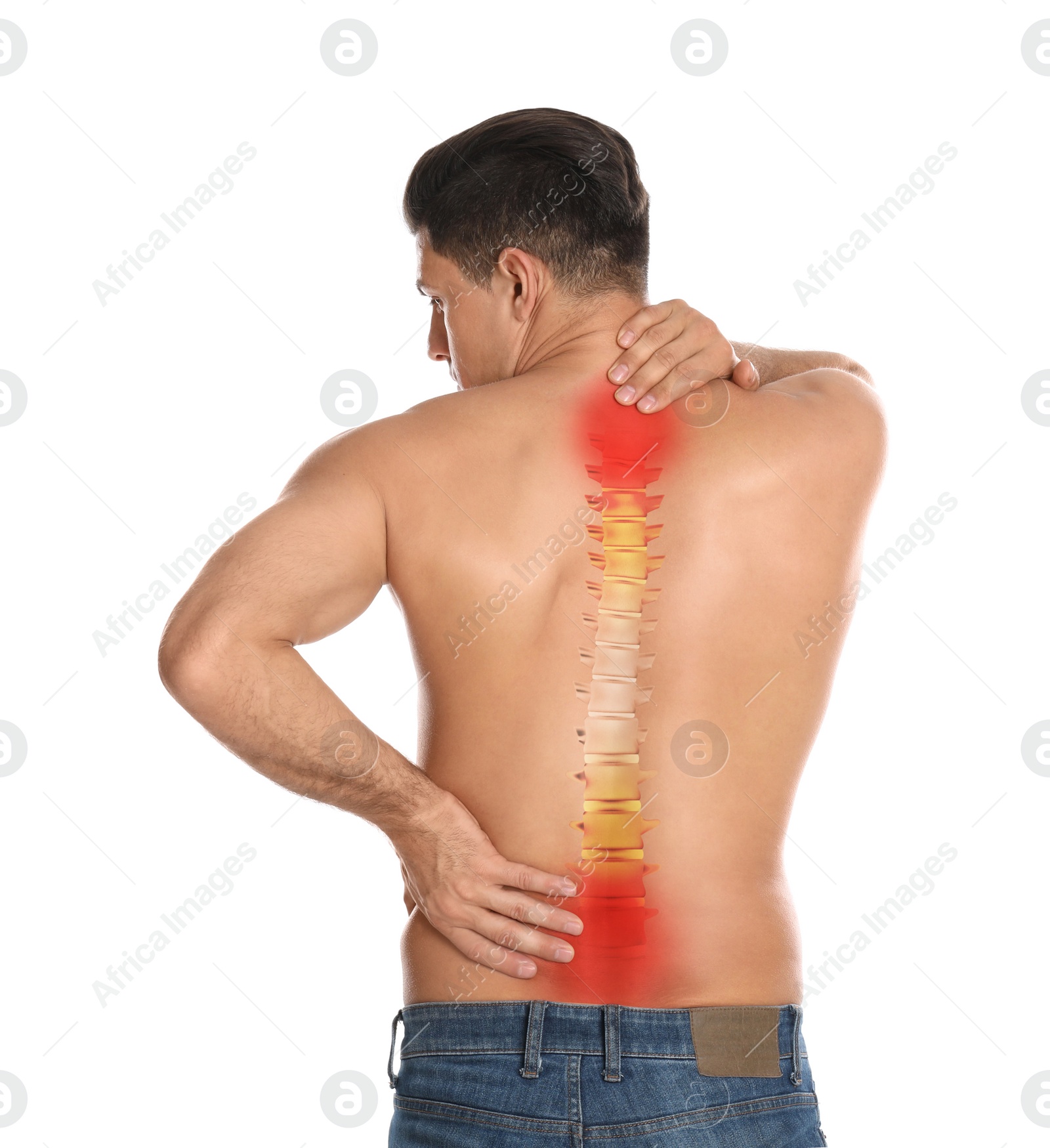 Image of Man suffering from pain in back on white background