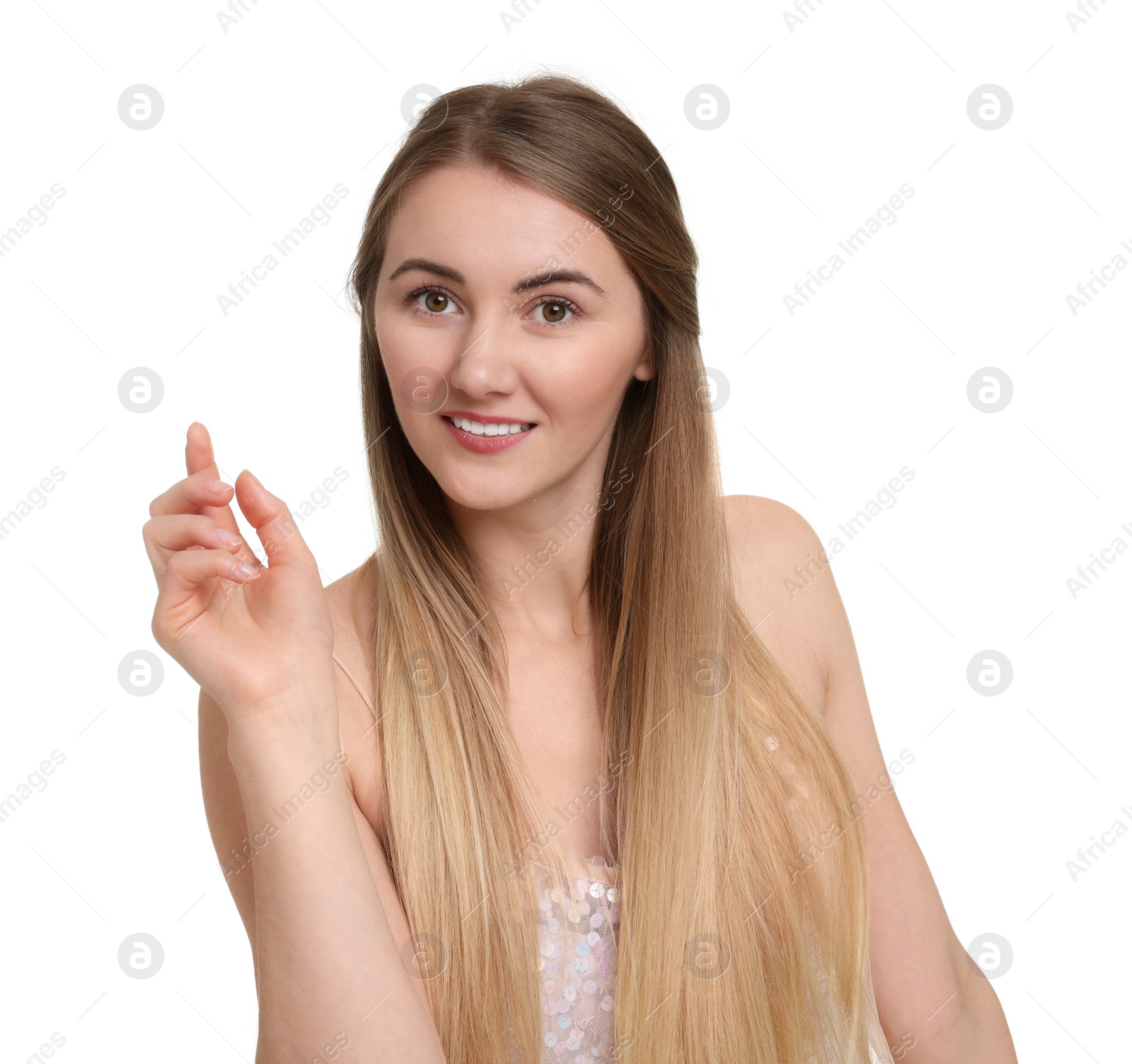 Photo of Beautiful girl in beige dress on white background