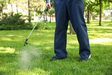 Photo of Worker spraying pesticide onto green lawn outdoors, closeup. Pest control