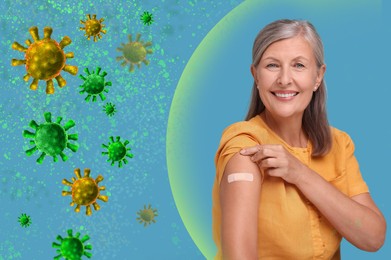 Image of Woman with strong immunity due to vaccination surrounded by viruses on blue background