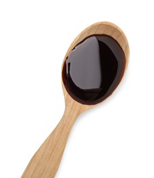 Tasty soy sauce in spoon isolated on white, top view