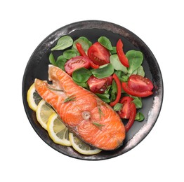Photo of Healthy meal. Tasty grilled salmon with vegetables, lemon and spinach isolated on white, top view