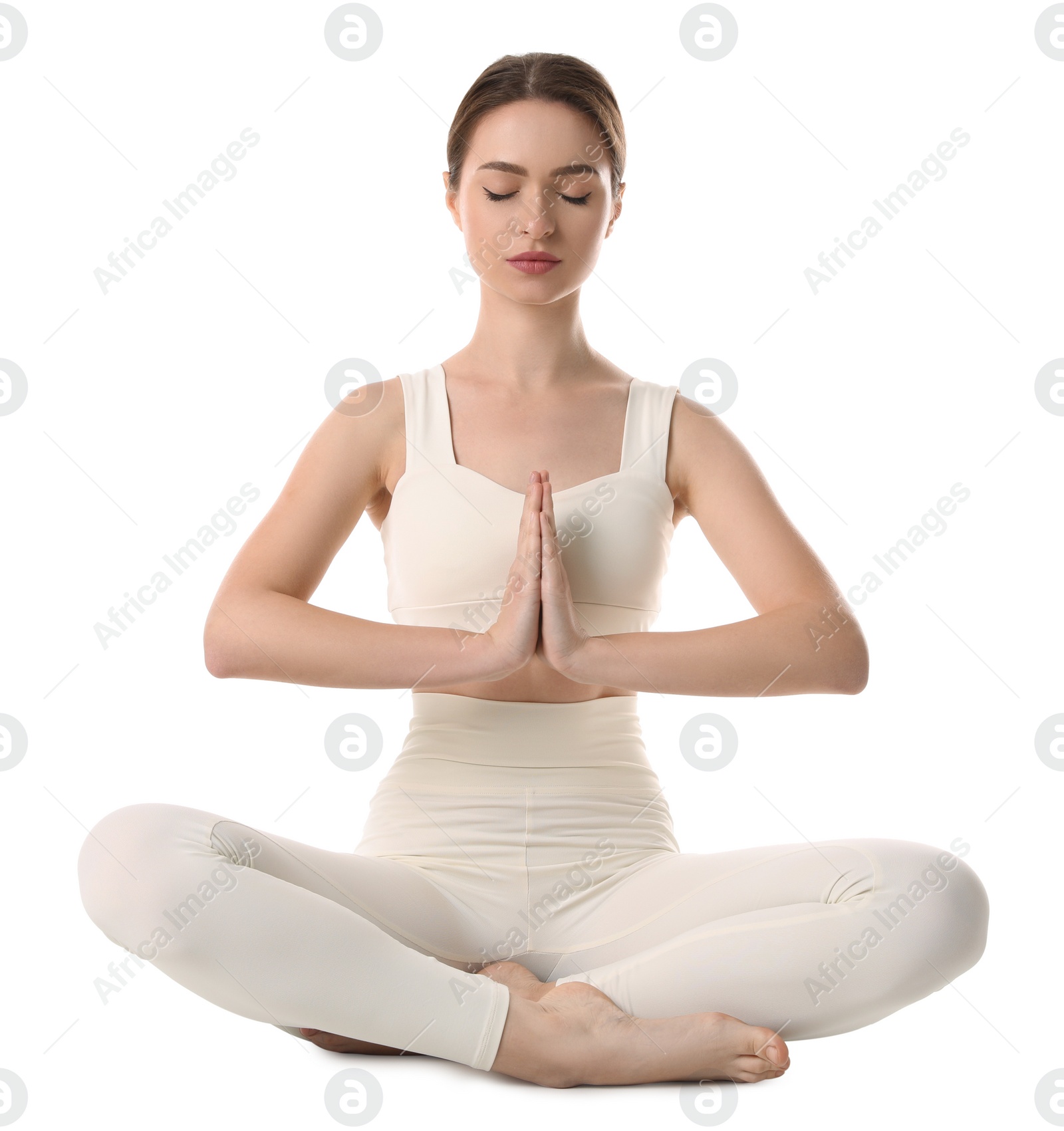 Photo of Beautiful young woman meditating on white background