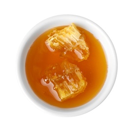 Photo of Bowl with fresh honey on white background, top view