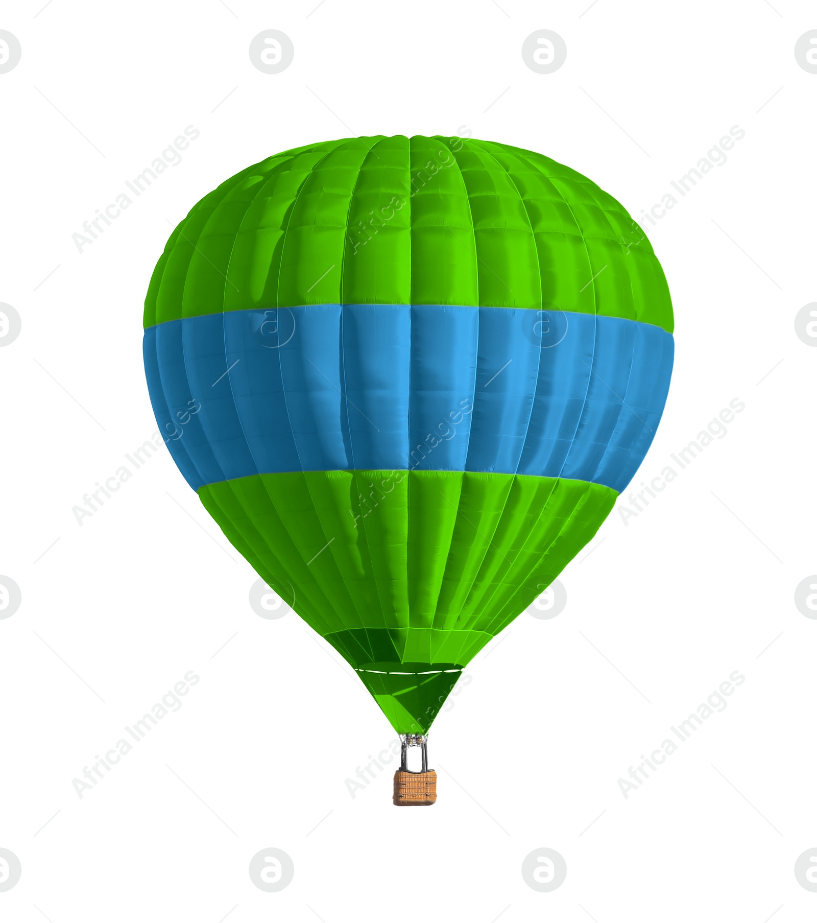 Image of Bright hot-air balloon with wicker basket on white background