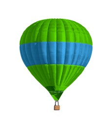 Image of Bright hot-air balloon with wicker basket on white background