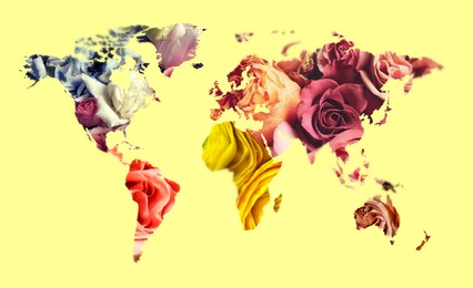 World map made of beautiful flowers on yellow background, banner design