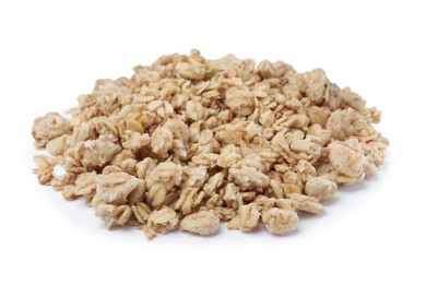 Photo of Pile of granola on white background. Healthy snack