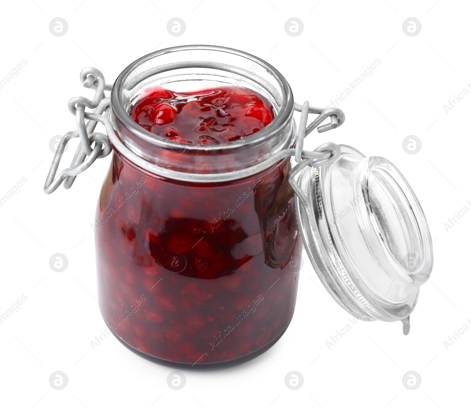 Photo of Fresh cranberry sauce in glass jar isolated on white