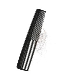 Photo of Comb with lost hair isolated on white, top view