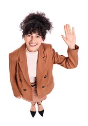 Photo of Beautiful businesswoman in suit on white background, above view