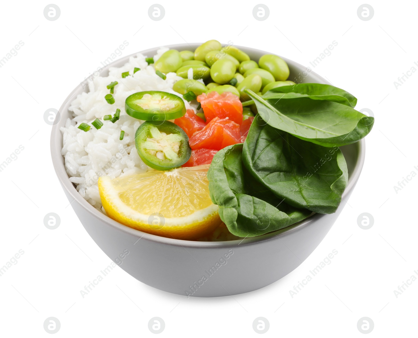 Photo of Poke bowl with salmon, edamame beans and vegetables isolated on white