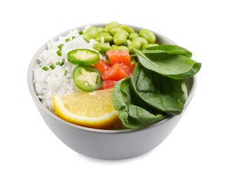 Poke bowl with salmon, edamame beans and vegetables isolated on white